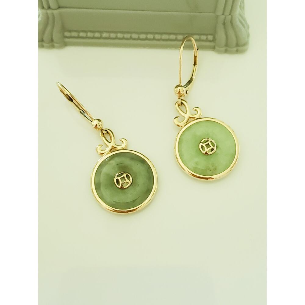 Vintage 14K Gold Chinese Jade Donut Leverback Earrings - Picture 2 of 6